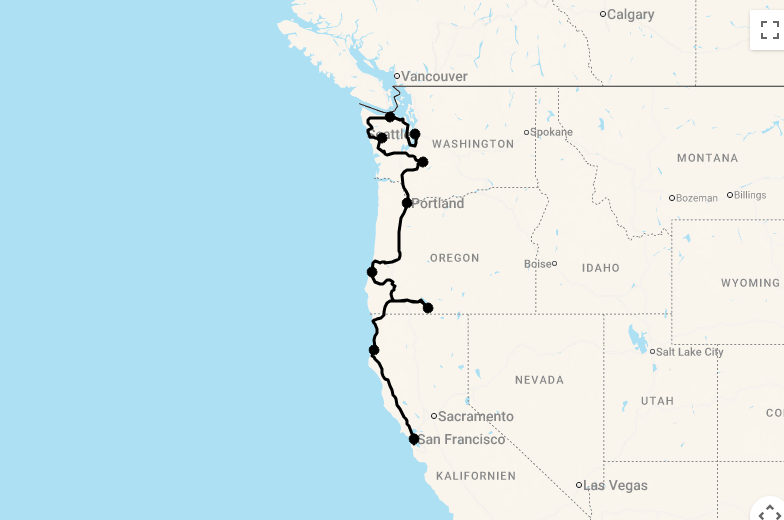 Karte 19 Tage Die Westküste entlang - Seattle bis San Francisco