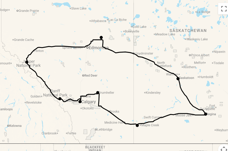 Karte 16 Tage Von den Rockies durch die Prärie