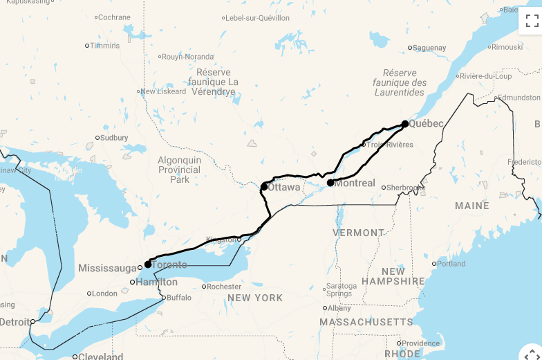 Karte 12 Tage Städtereise Ostkanada mit dem Zug