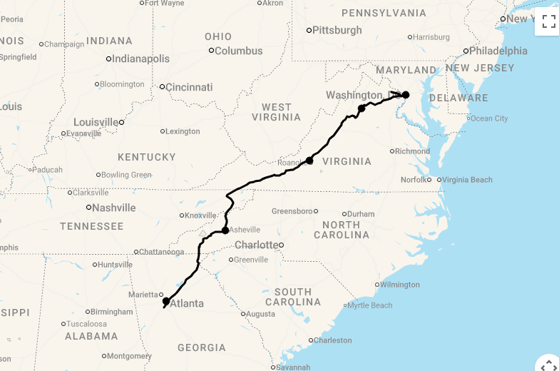 Karte 11 Tage Den Blue Ridge Parkway entdecken