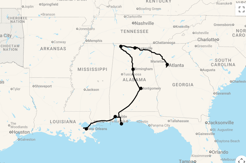 Karte 15 Tage Best of Alabama & New Orleans