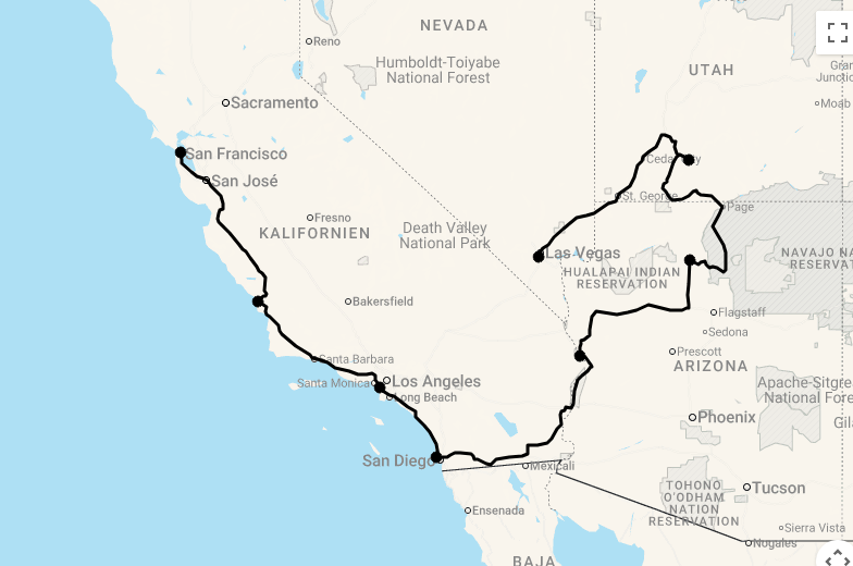 Karte 15 Tage Die Höhepunkte des Südwestens USA mit Flug
