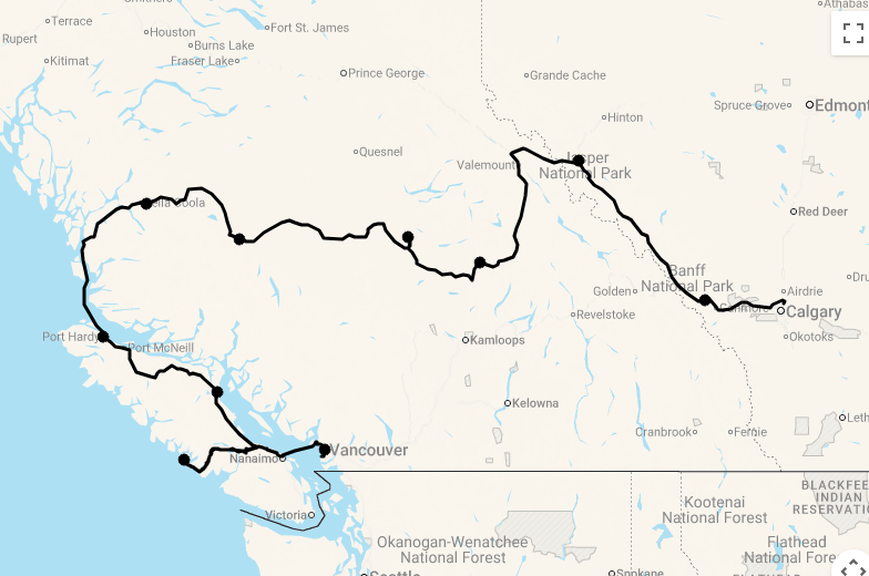 Karte 19 Tage Abenteuer Westkanada mit Discovery Coast Passage und Ranchaufenthalt