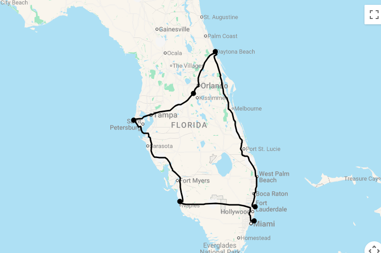 Karte Motorradreise: 15 Tage Best of Florida