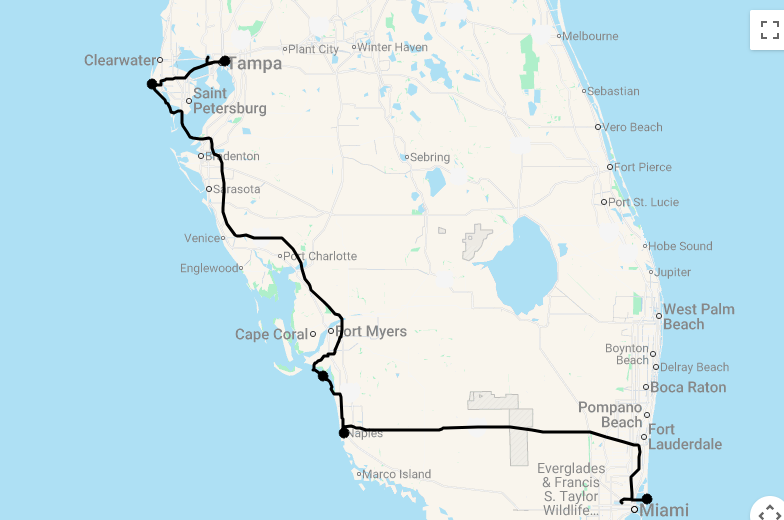 Karte 13 Tage Westküste Florida & Miami mit Flug