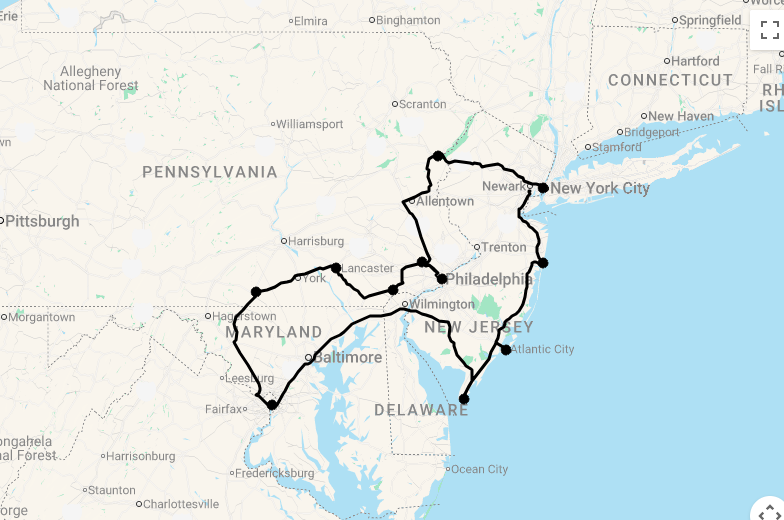 Karte 16 Tage Big Cities und die Countryside von Philadelphia & New Jersey