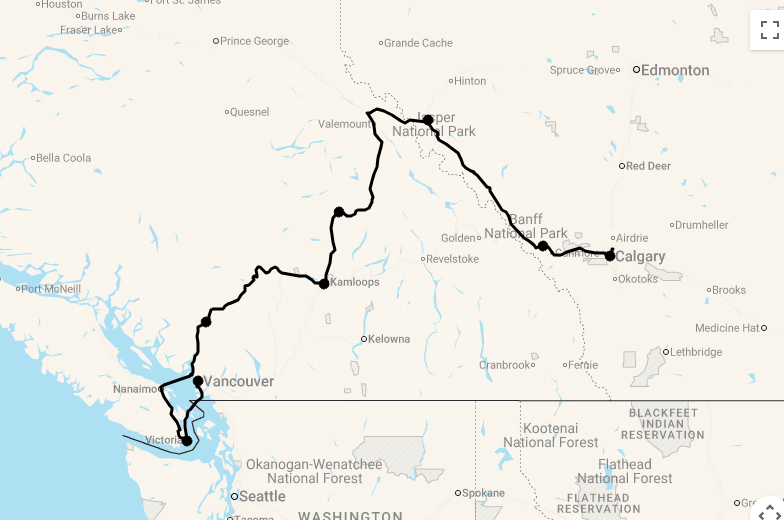 Karte 16 Tage Von den Rocky Mountains zum Pazifik