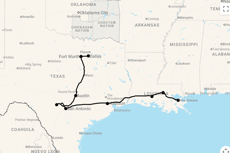 Karte 15 Tage Cowboys und Südstaatenflair - Texas bis Louisiana