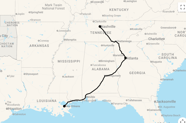 Karte 11 Tage Rhythm of the South: Musikerlebnisse in Nashville, Atlanta und New Orleans